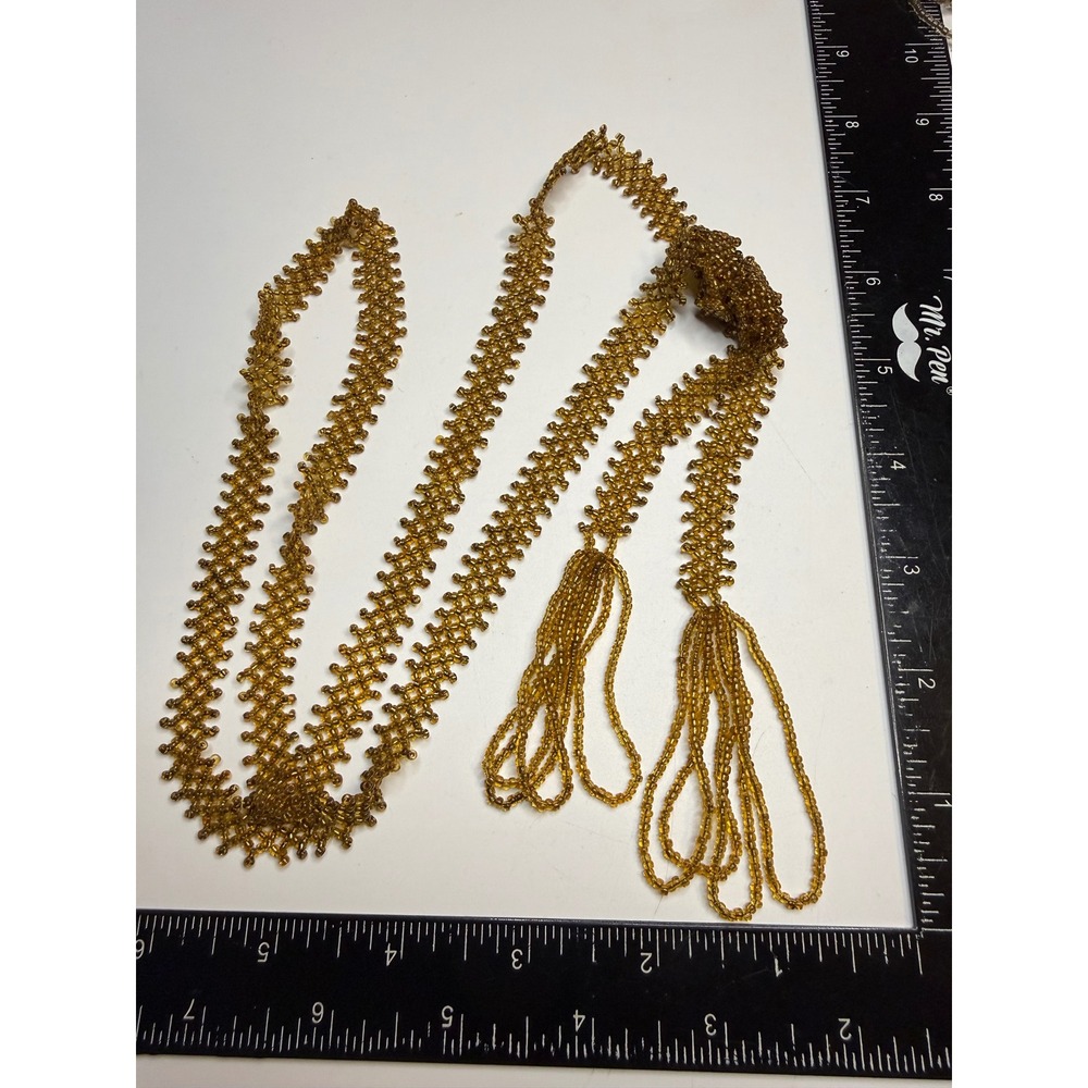 Amber Glass Seed Bead Lariat Tassel Necklace Woven Boho Wrap Belt 56 Inch